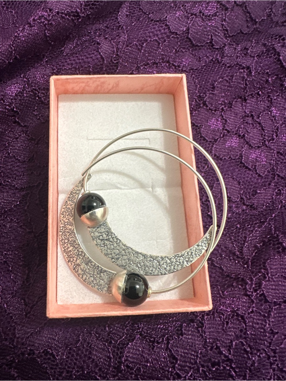 Silpada sterling Silver 925 Crescent Hoop Earrings with Black Stone Accent